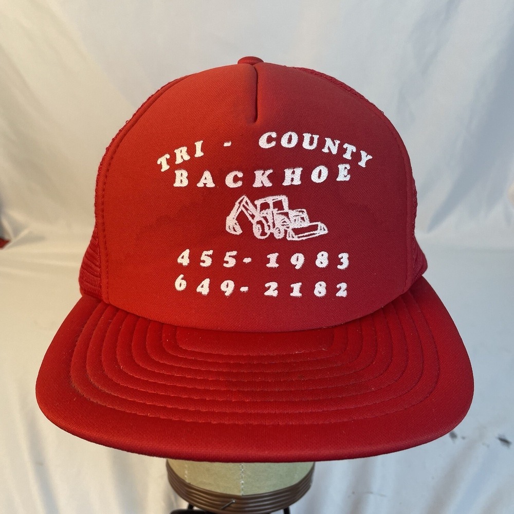 Tri-County Backhoe VTG Hat Cap Red Mesh Trucker Snapback Speedway 1980s Mens